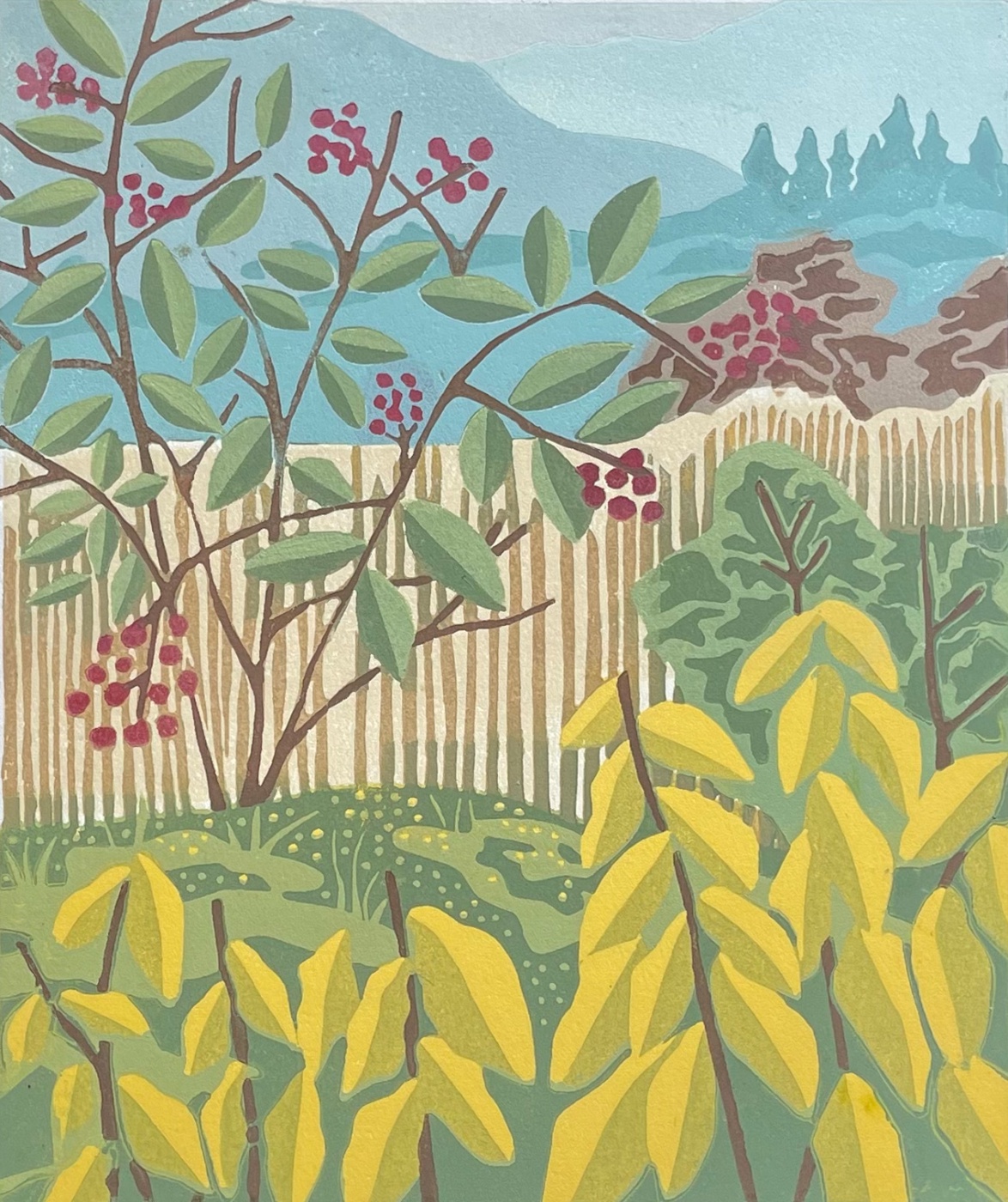 Red Berries — relief print by Kate Goetz