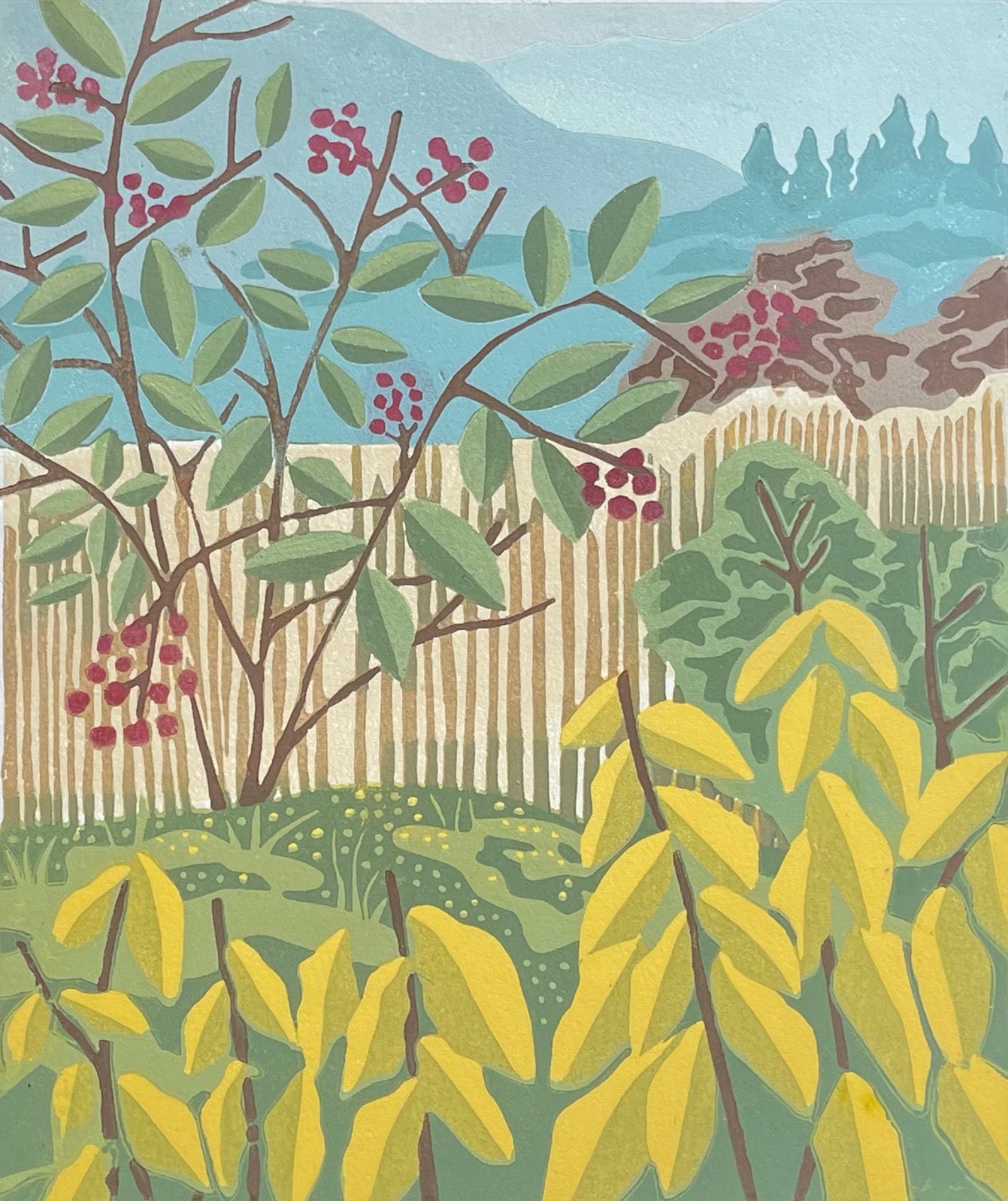 Red Berries — relief print by Kate Goetz