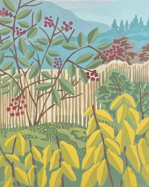 Red Berries — relief print by Kate Goetz