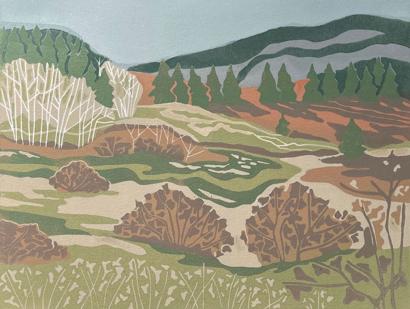 Kootenay Hillside, Spring — relief print by Kate Goetz