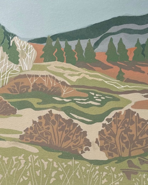 Kootenay Hillside, Spring — relief print by Kate Goetz