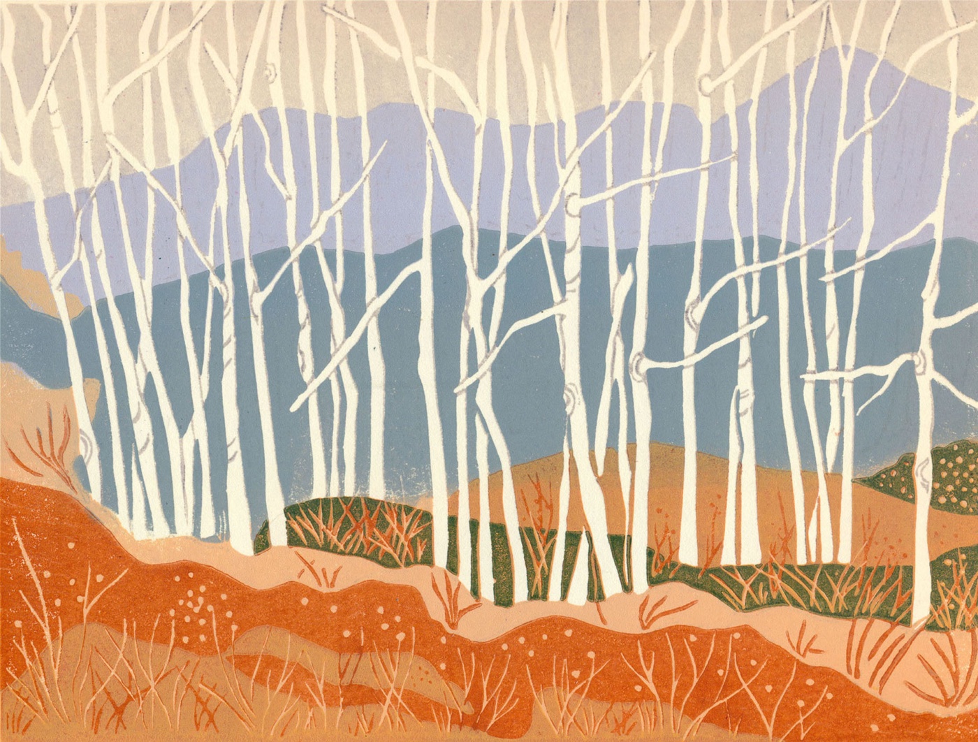 Autumn Aspens, West Kootenays, BC — relief print by Kate Goetz