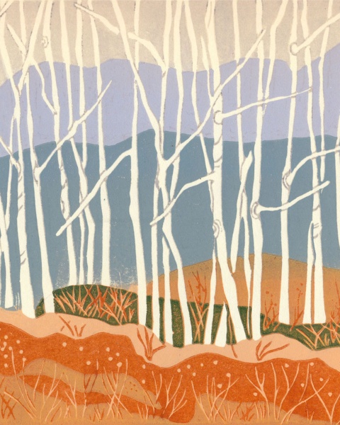 Autumn Aspens, West Kootenays, BC — relief print by Kate Goetz