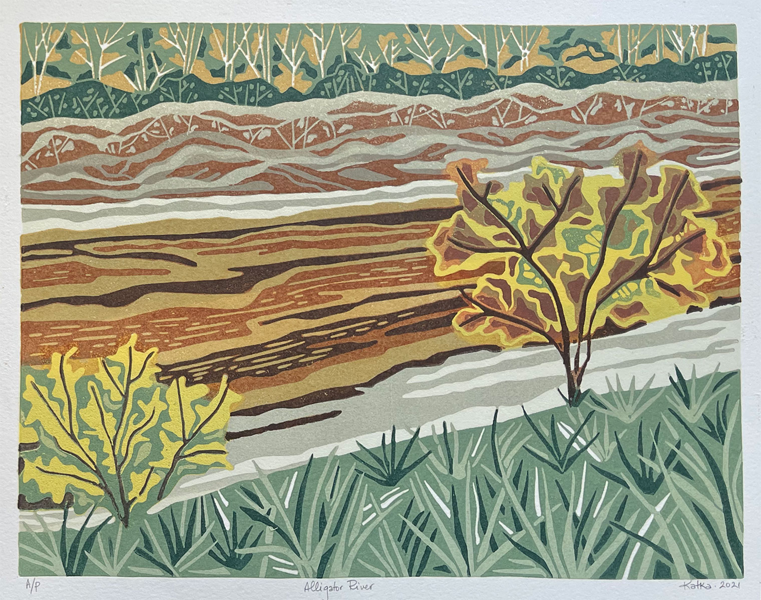 Alligator River — relief print by Kate Goetz