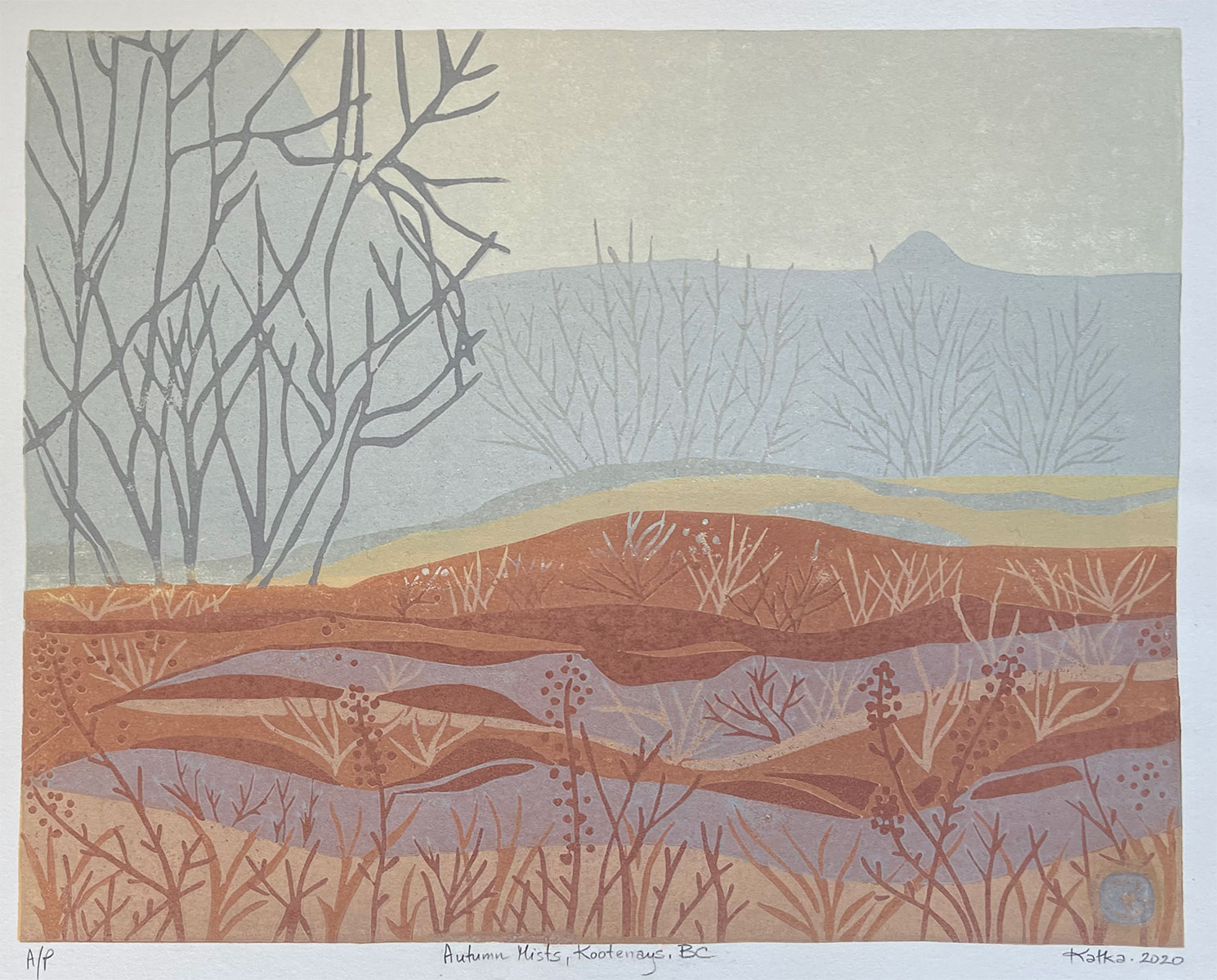 Autumn Mists, Warfield, BC — relief print by Kate Goetz