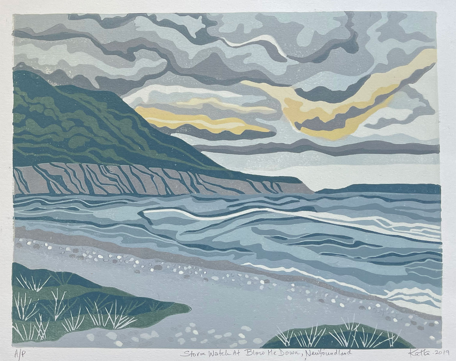 Storm Watch at Blow Me Down, Nfld — relief print by Kate Goetz