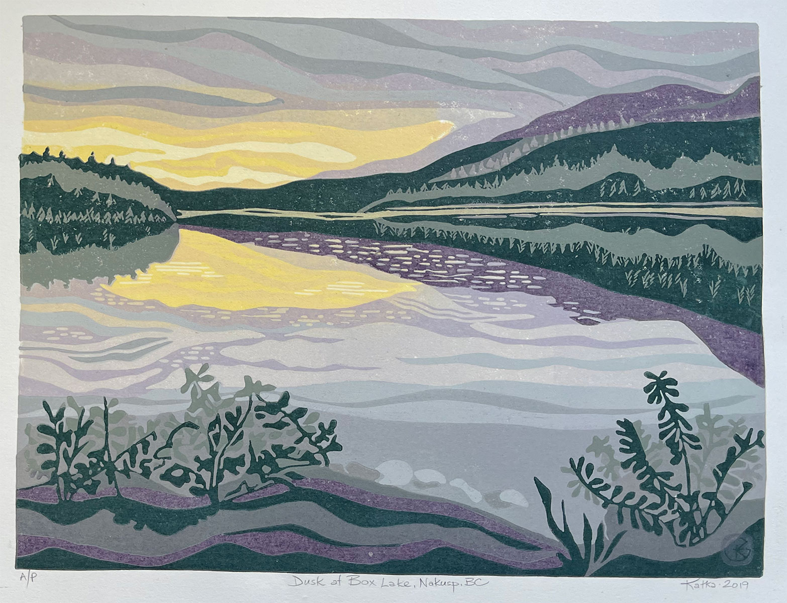 Dusk at Box Lake, Nakusp, BC — relief print by Kate Goetz