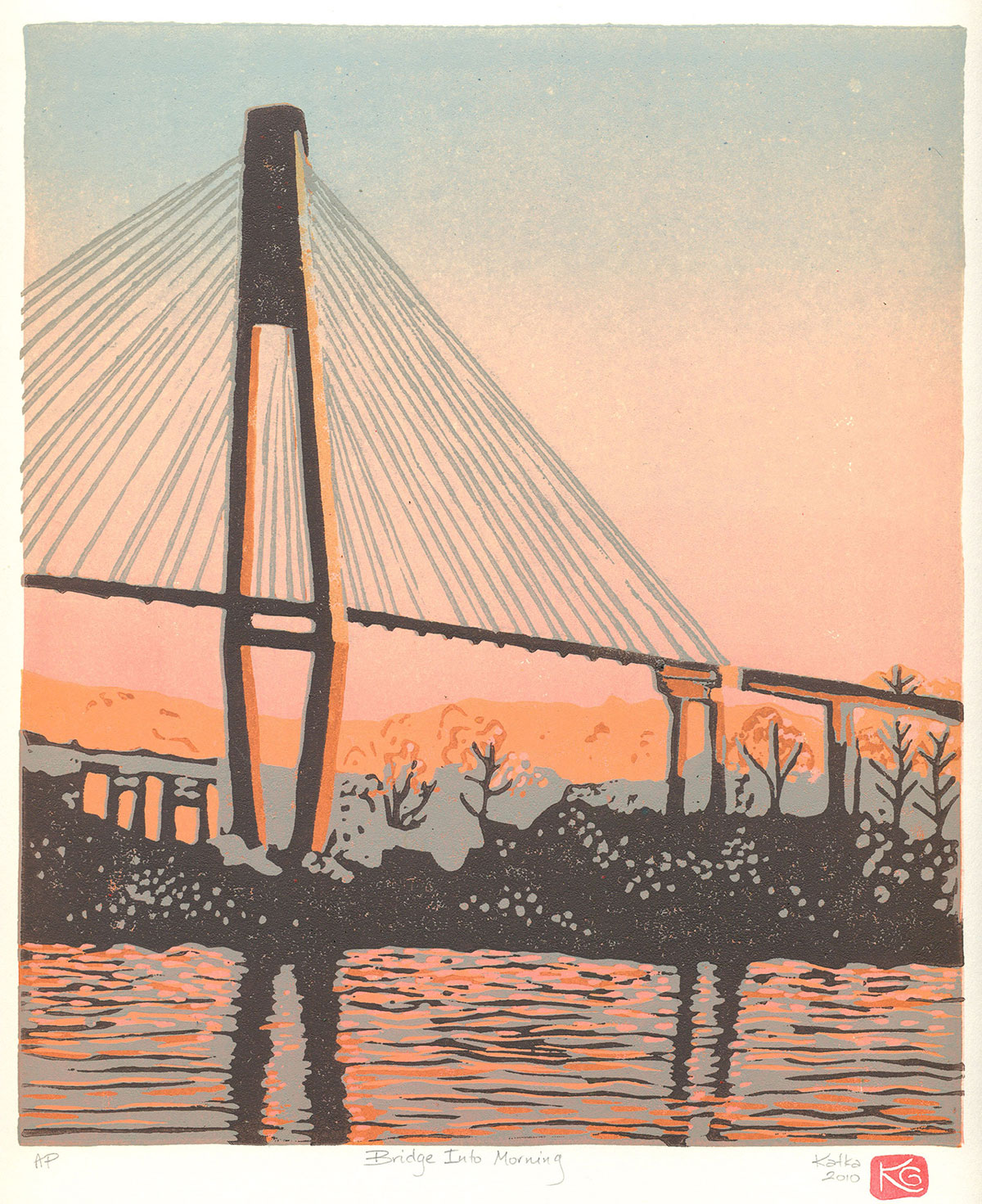 Bridge Into Morning — relief print by Kate Goetz