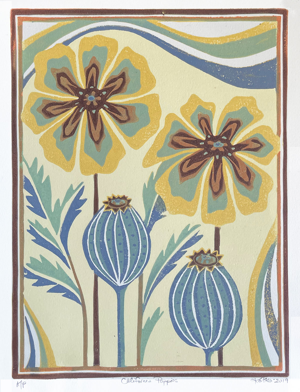 California Poppies — relief print by Kate Goetz