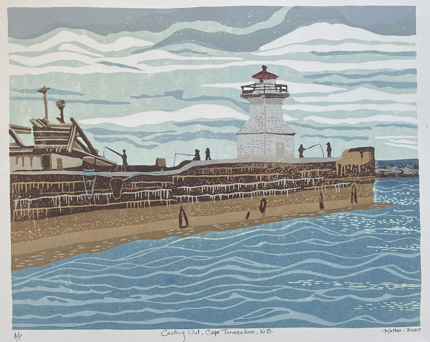 Casting Out, Cape Tormentine, NB — relief print by Kate Goetz