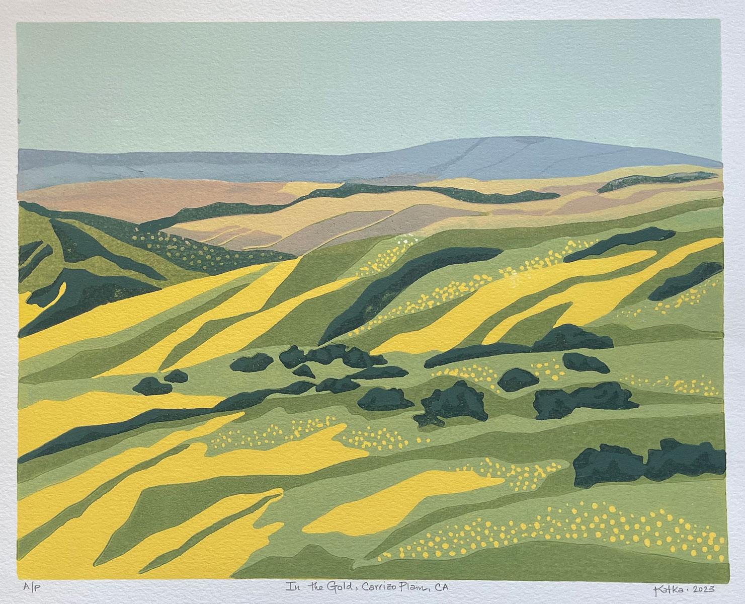 In the Gold, Carrizo Plain, CA — relief print by Kate Goetz