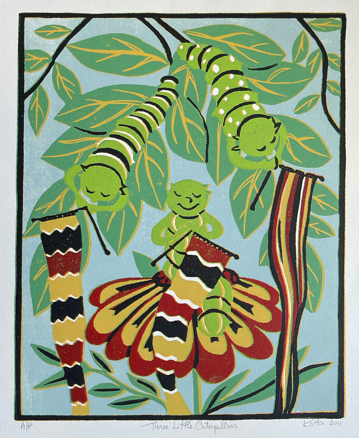 Three Little Caterpillars — relief print by Kate Goetz