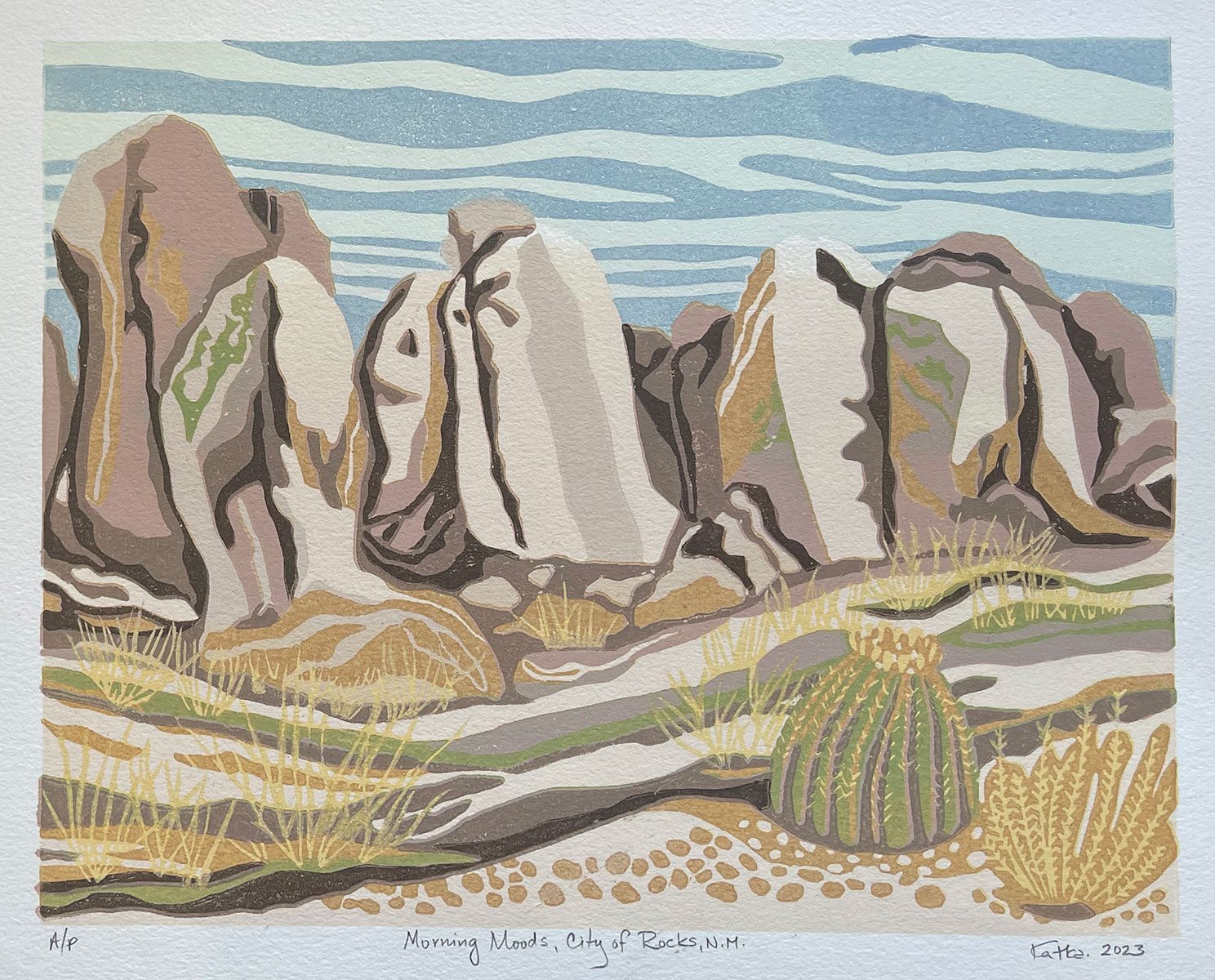 Morning Mood, City of Rock, NM — relief print by Kate Goetz