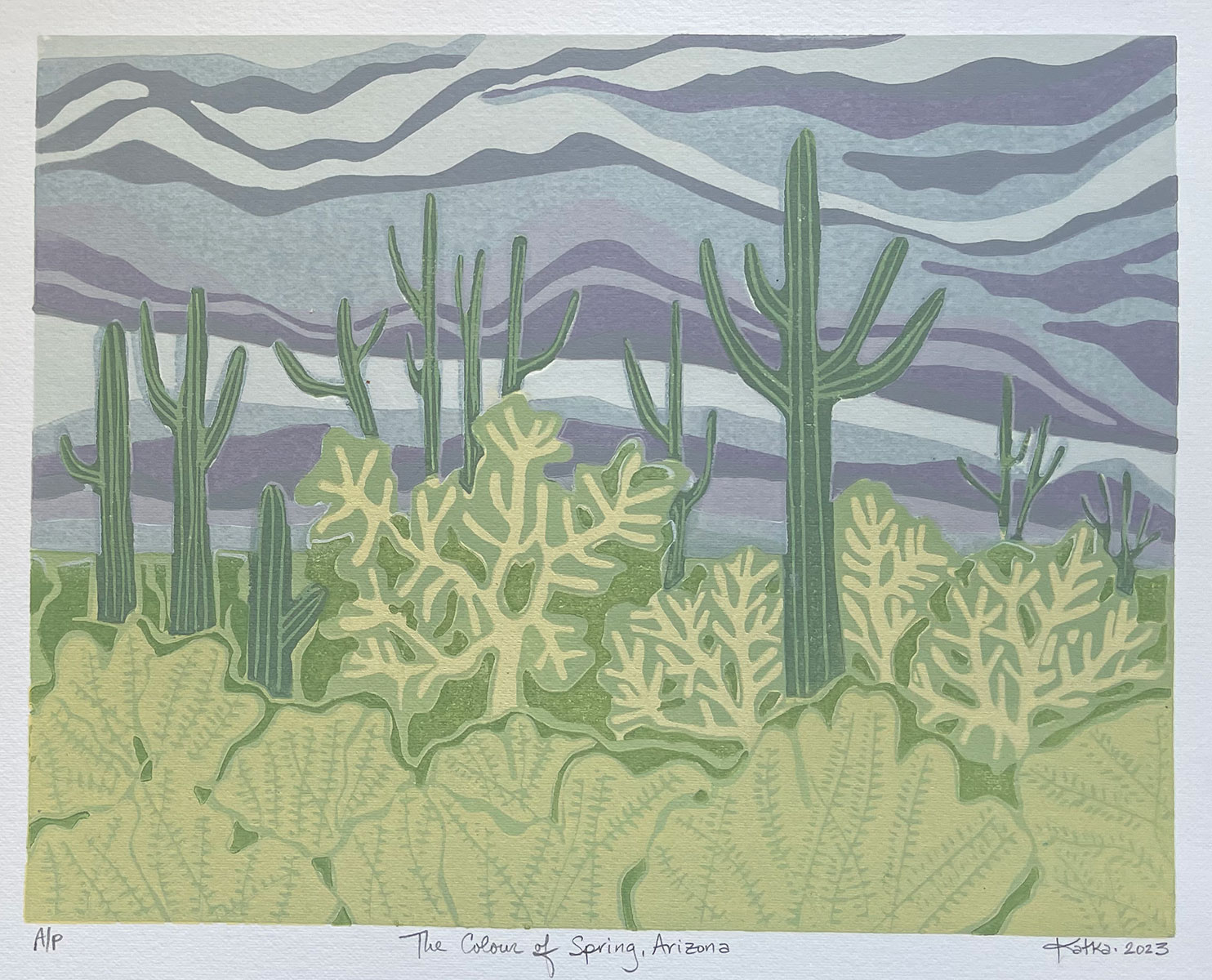 The Colour of Spring, AZ — relief print by Kate Goetz