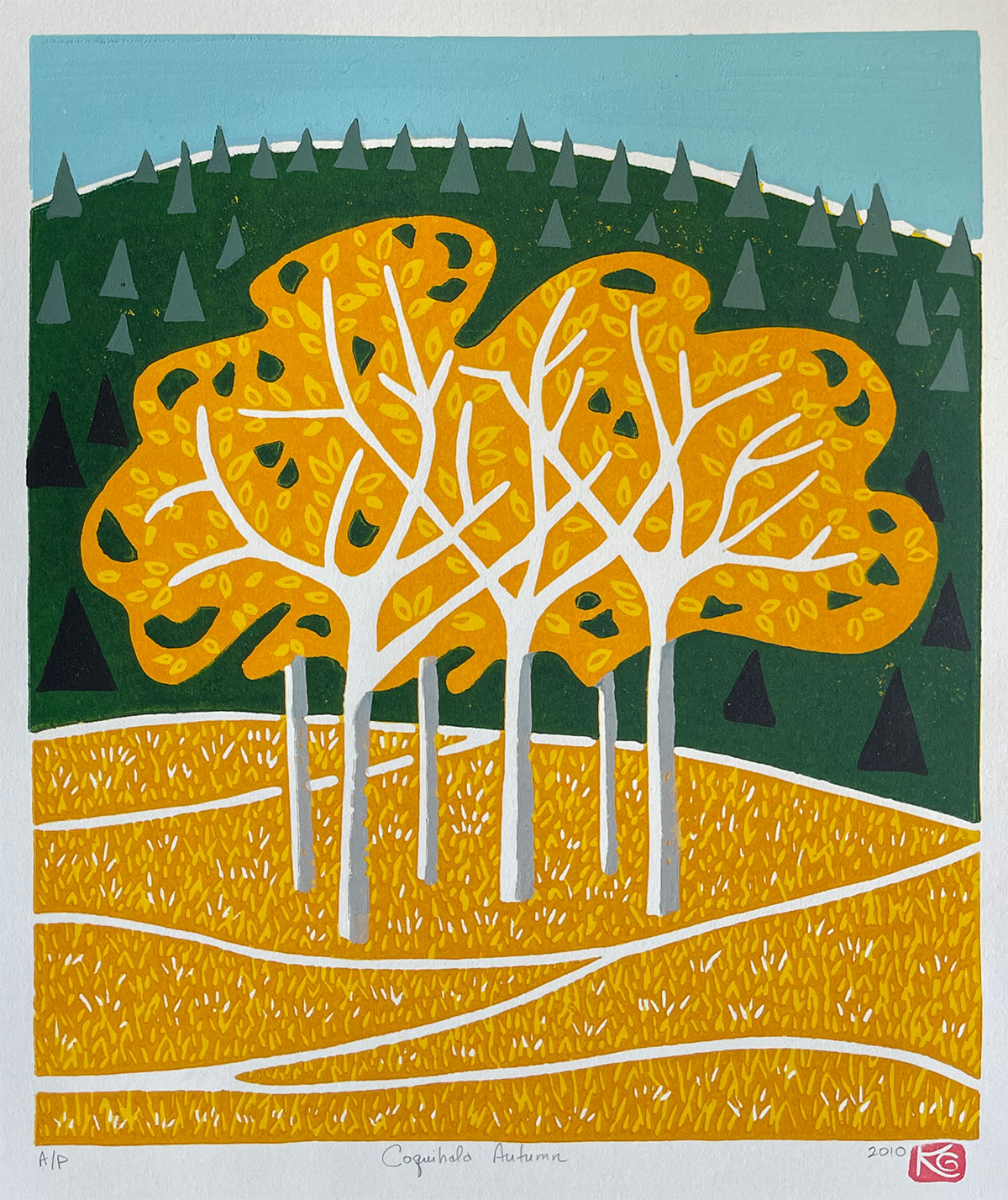 Coquihalla Autumn — relief print by Kate Goetz