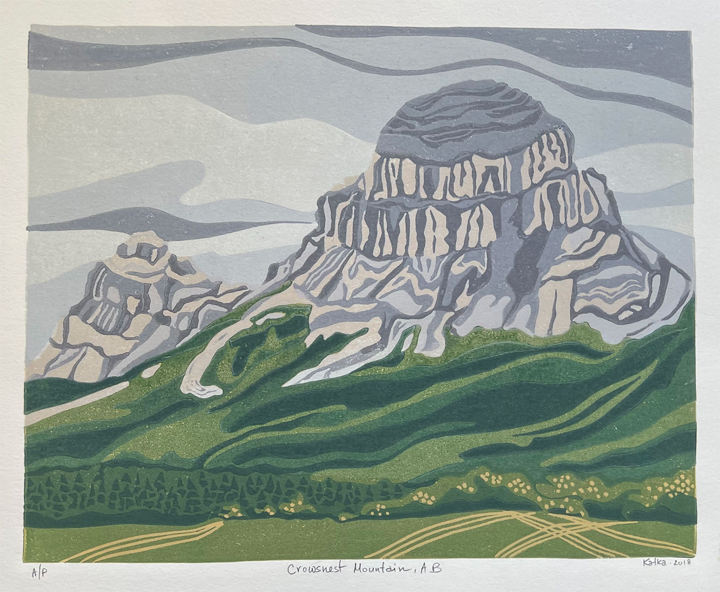 Crowsnest Pass, Alberta — relief print by Kate Goetz