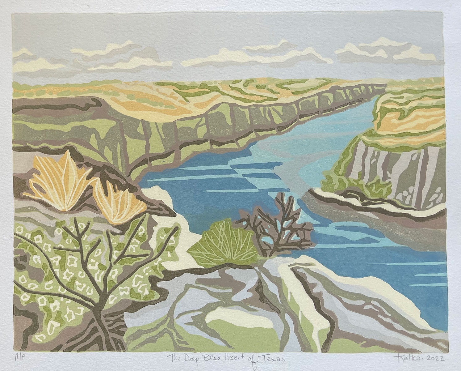 The Deep Blue Heart of Texas — relief print by Kate Goetz
