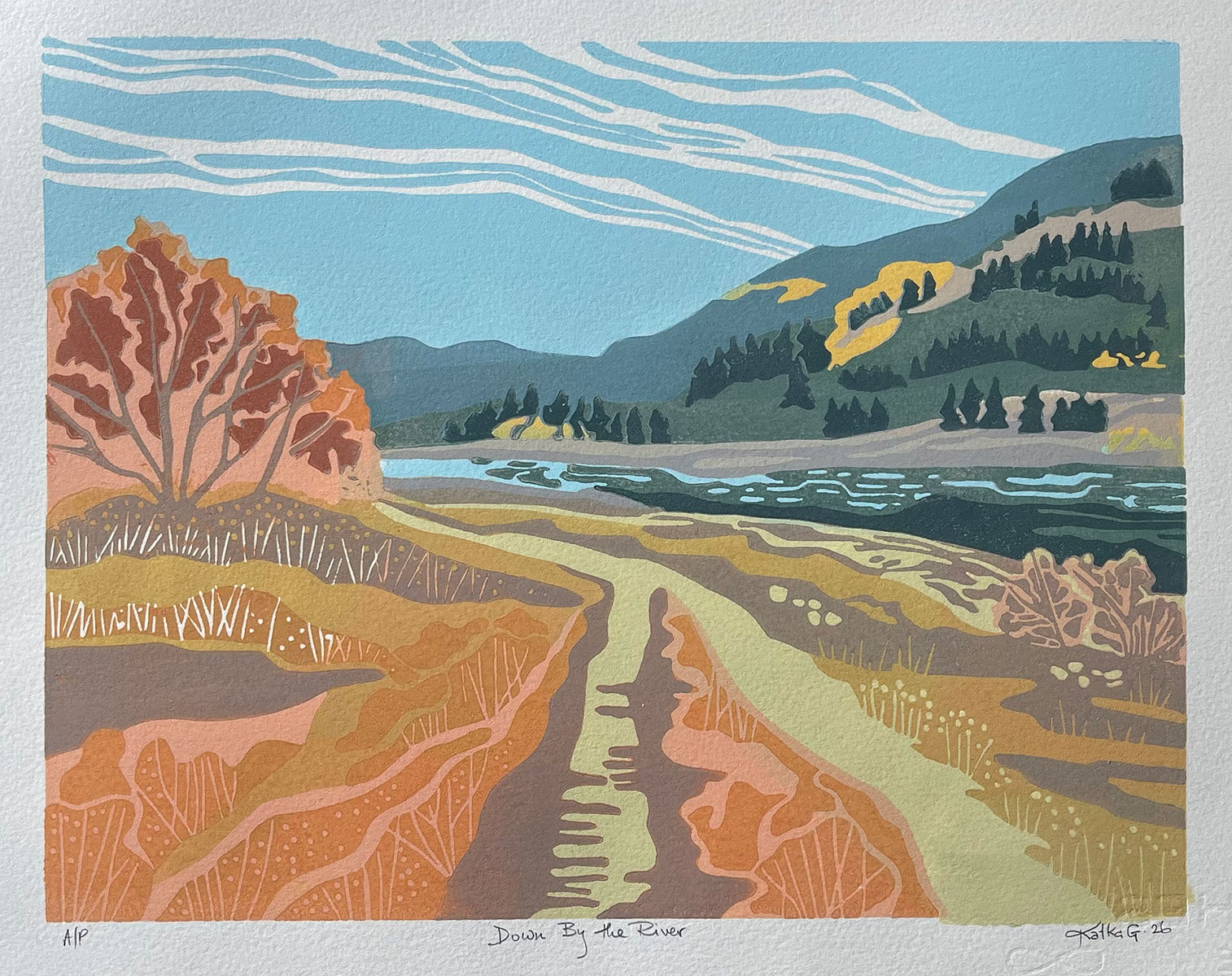 Down by the River — relief print by Kate Goetz