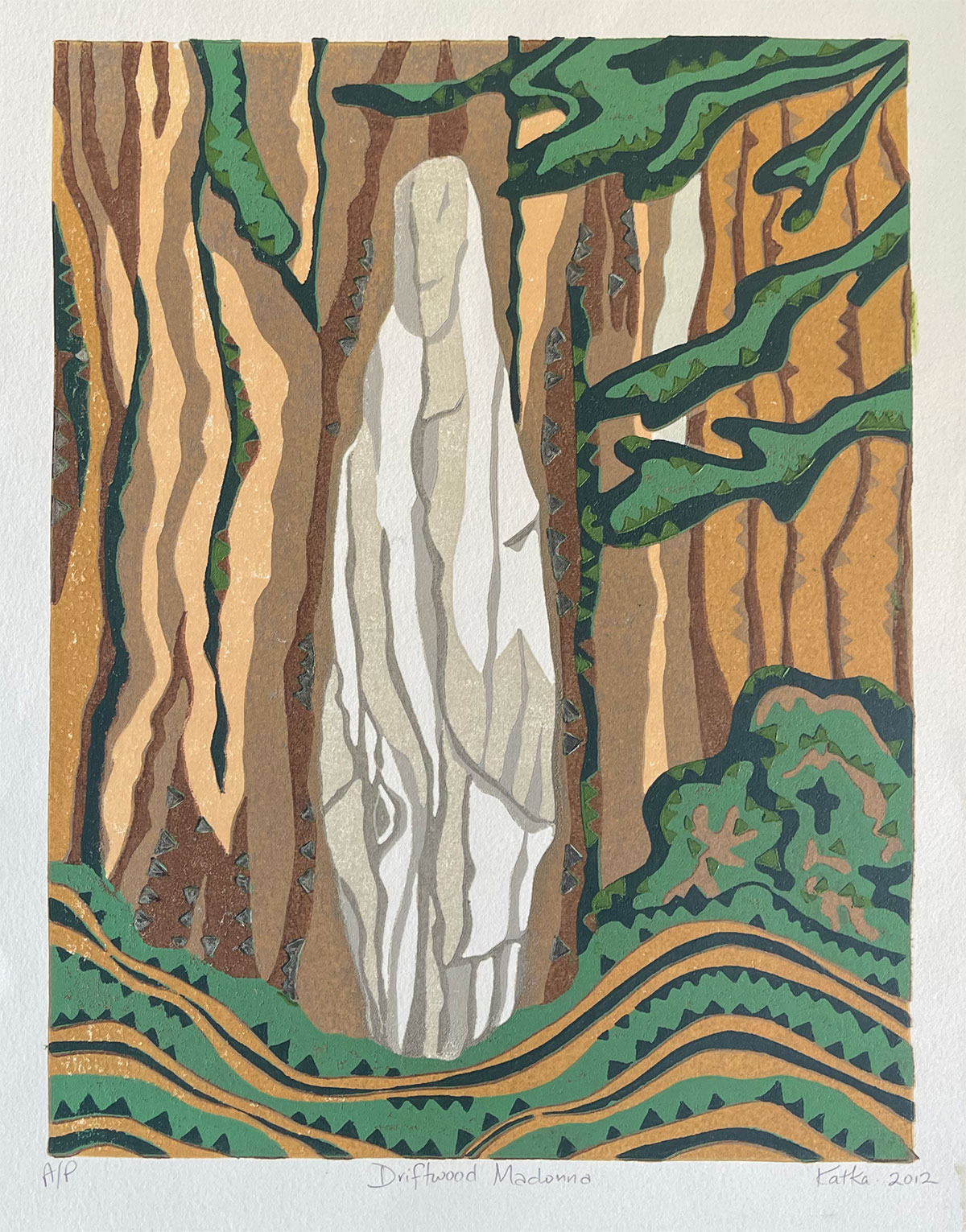 Driftwood Madonna — relief print by Kate Goetz