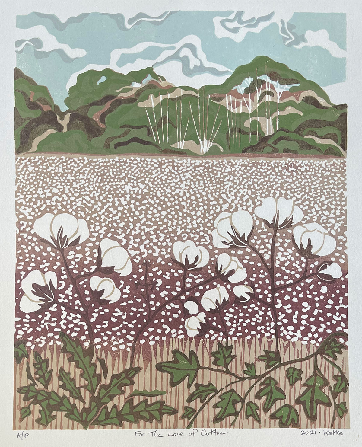 For the Love of Cotton — relief print by Kate Goetz