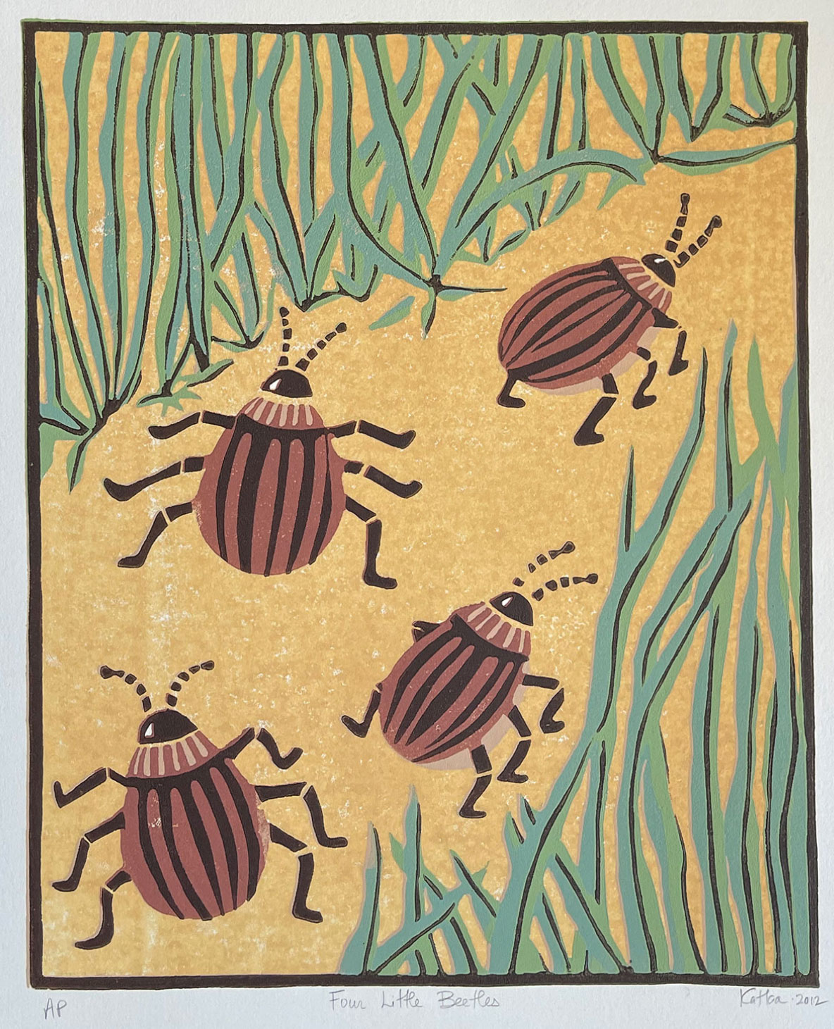 Four Little Beetles — relief print by Kate Goetz