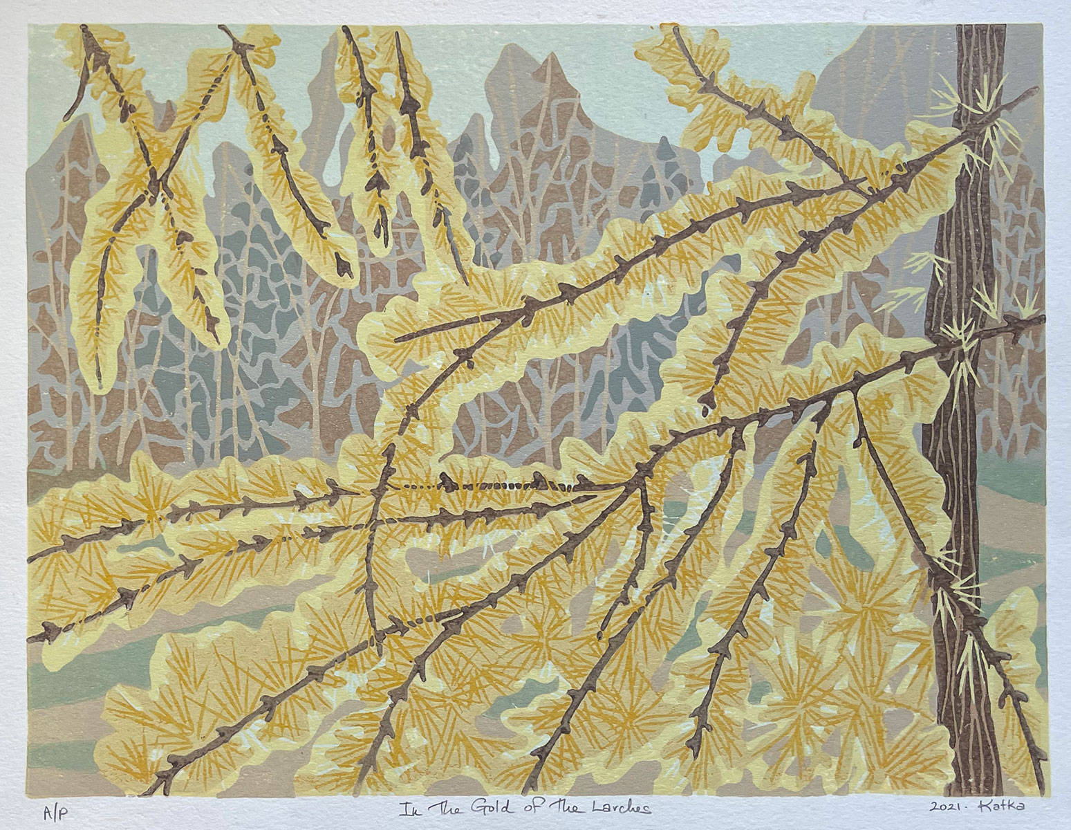 In the Gold of the Larches — relief print by Kate Goetz
