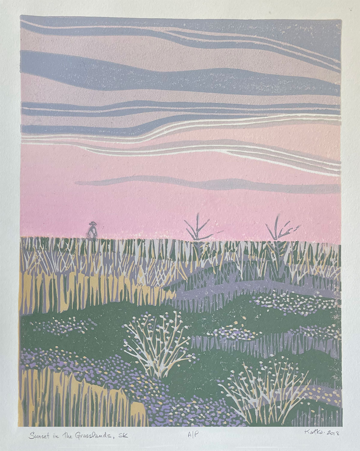 Grasslands Sunset — relief print by Kate Goetz