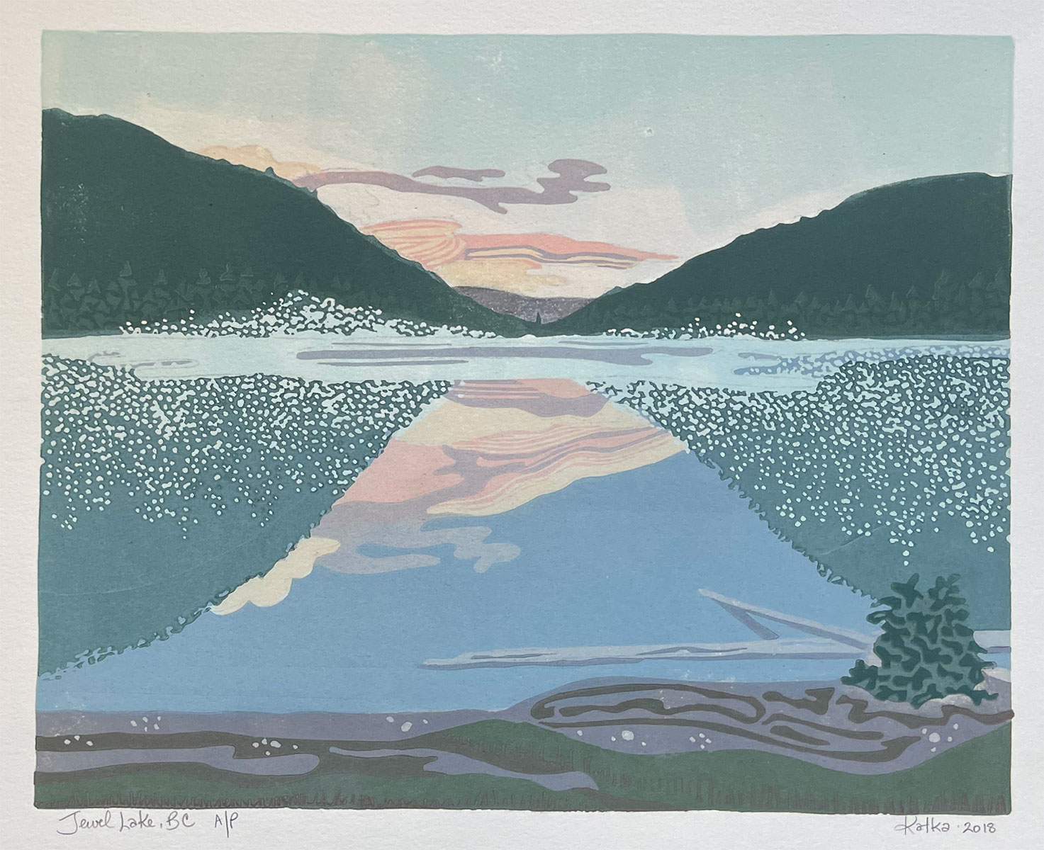 Jewel Lake, BC — relief print by Kate Goetz