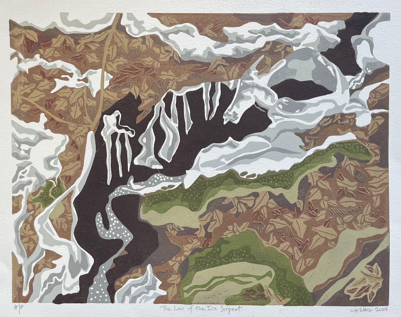 The Lair of the Ice Serpent — relief print by Kate Goetz