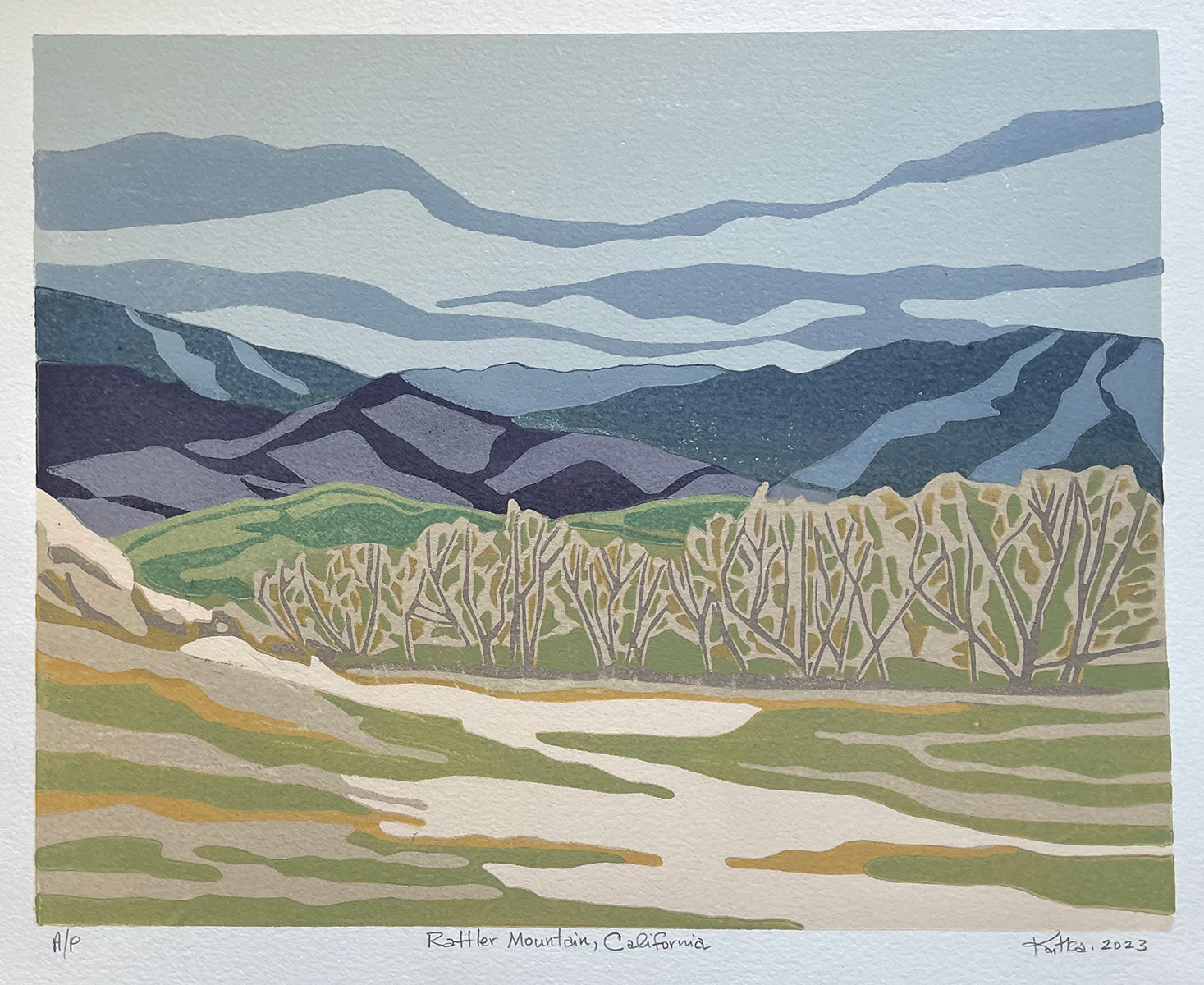 Rattler Mountain, CA — relief print by Kate Goetz
