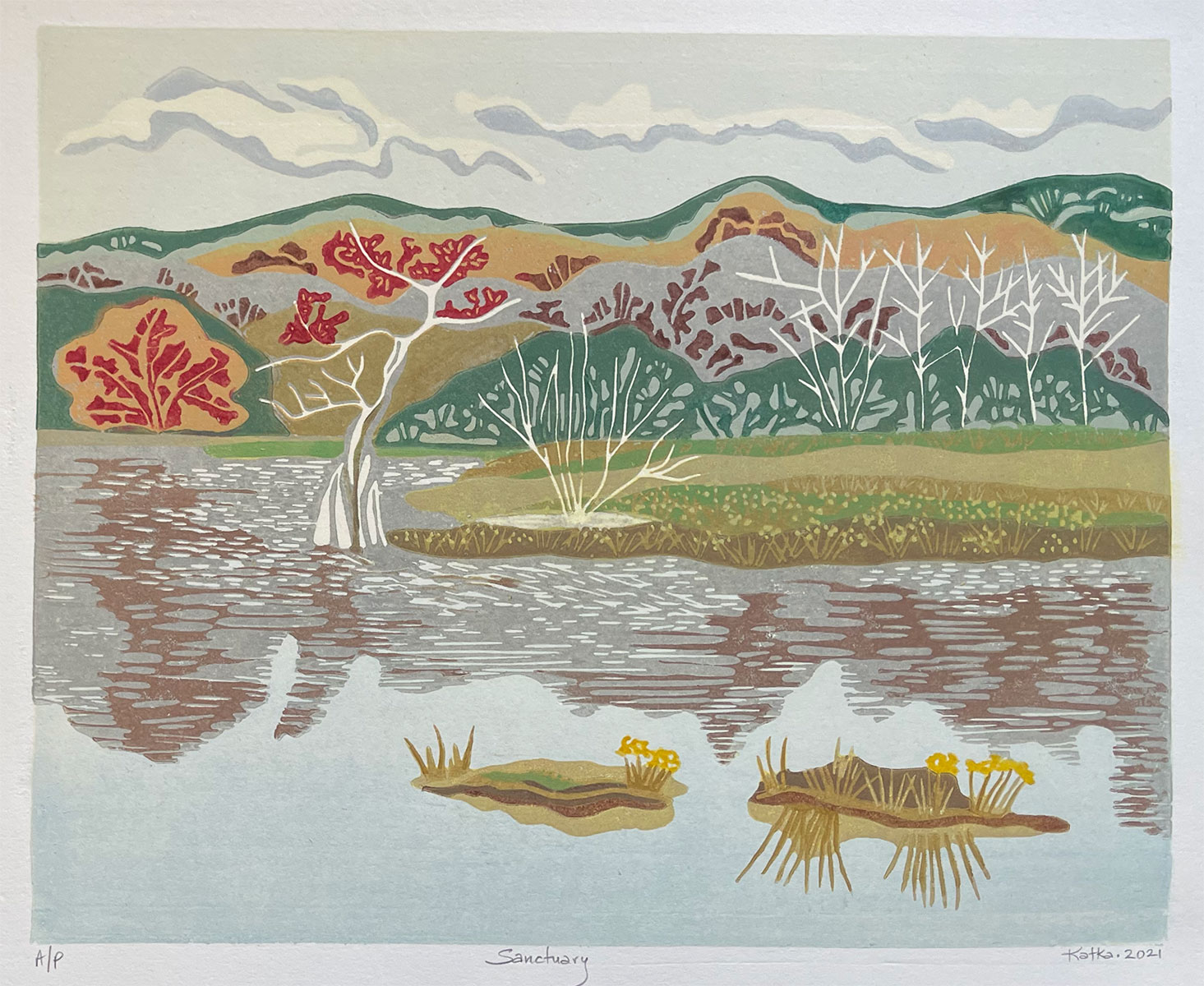 Sanctuary — relief print by Kate Goetz