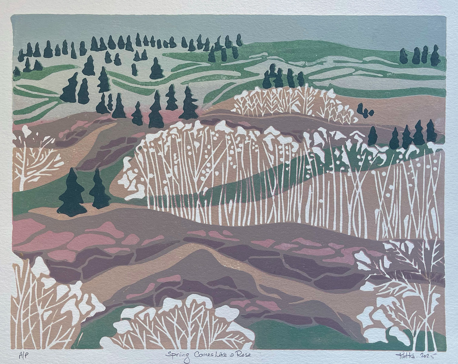 Spring Comes Like a Rose — relief print by Kate Goetz