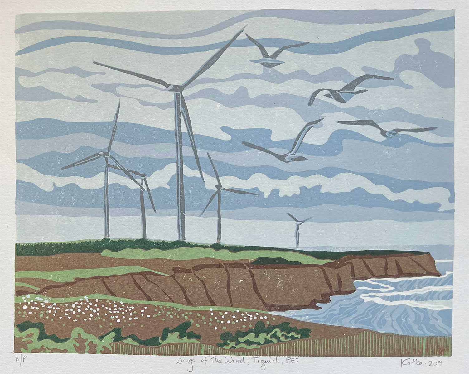 Wings of the Wind, Tignish, PEI — relief print by Kate Goetz