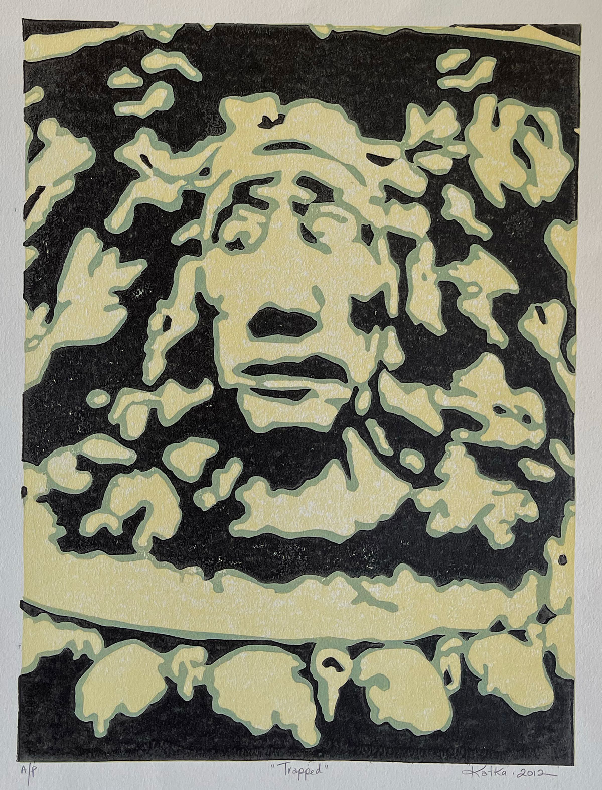 Trapped — relief print by Kate Goetz