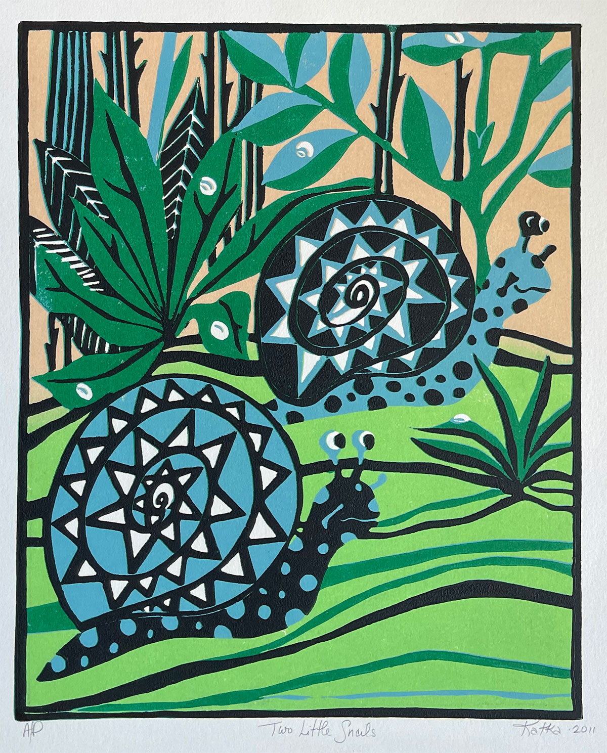 Two Little Snails — relief print by Kate Goetz