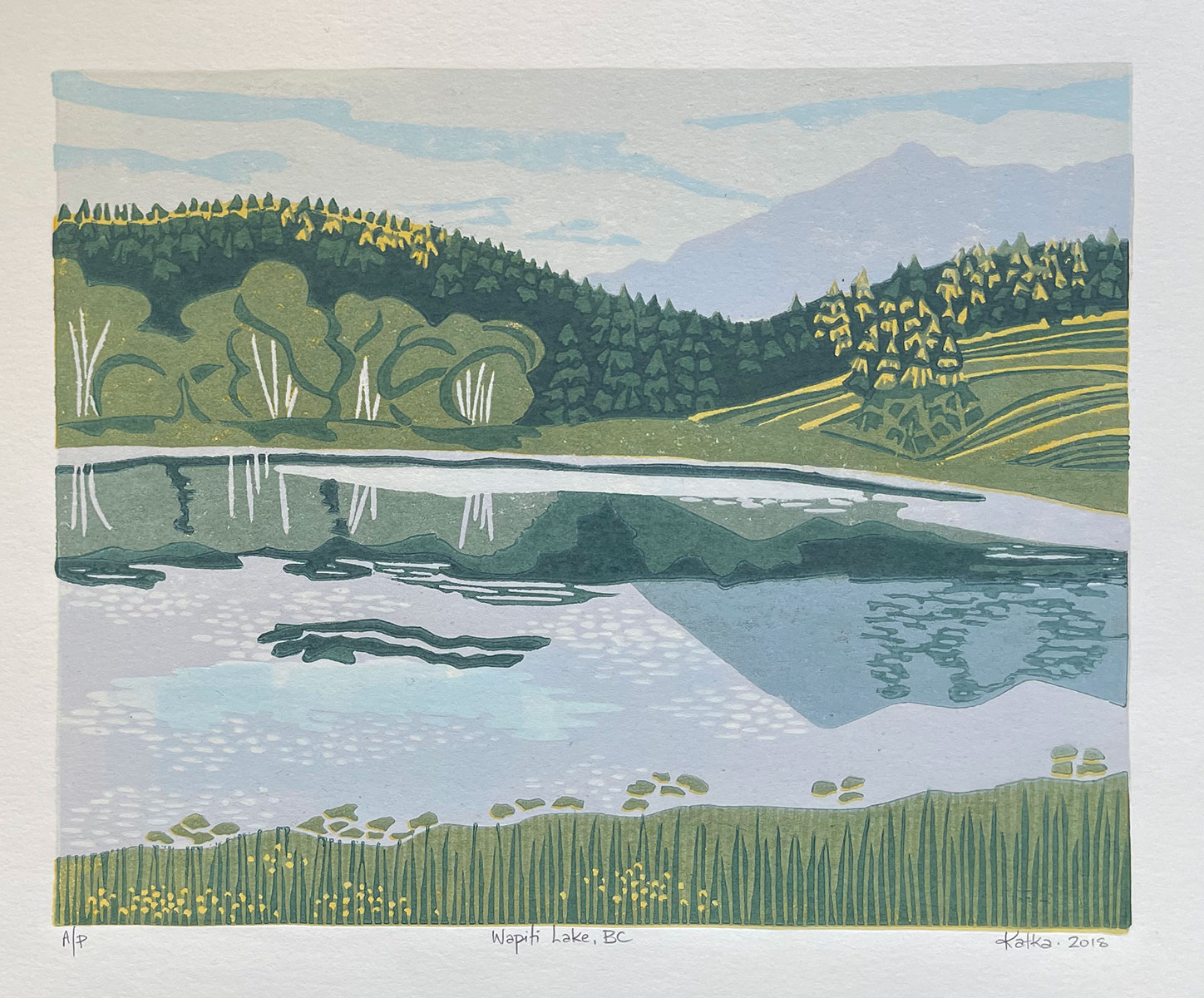 Wapiti Lake, BC — relief print by Kate Goetz