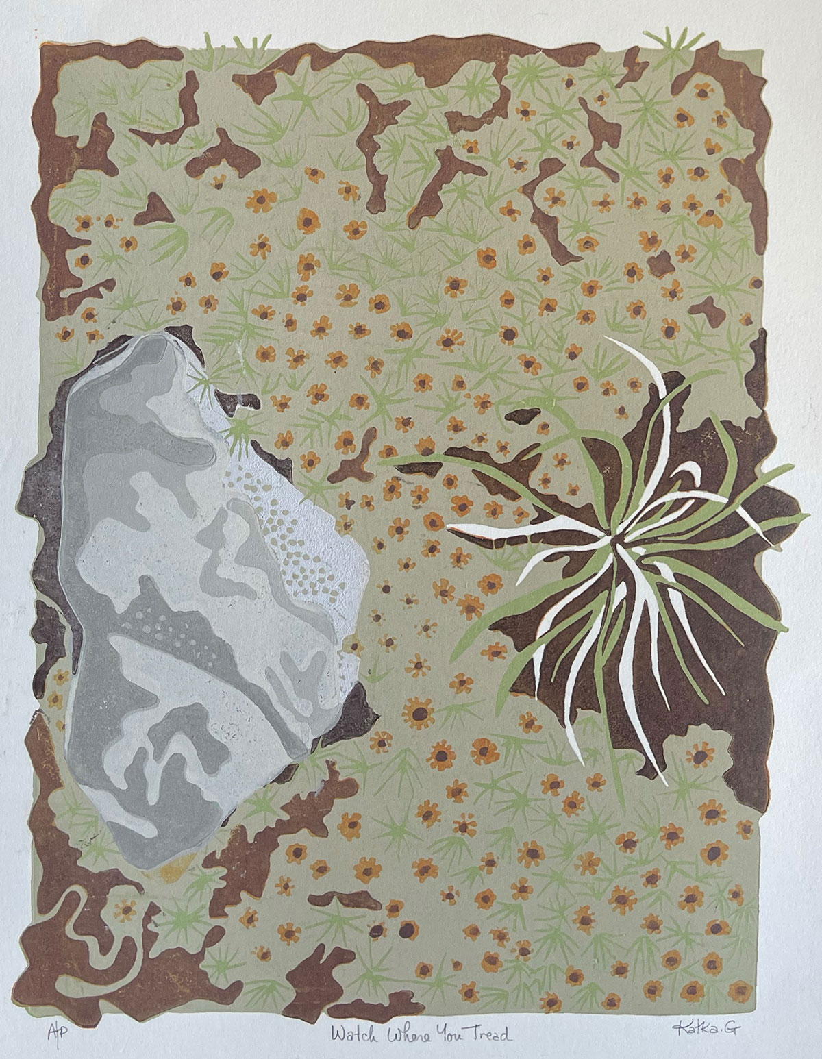 Watch Where You Tread — relief print by Kate Goetz