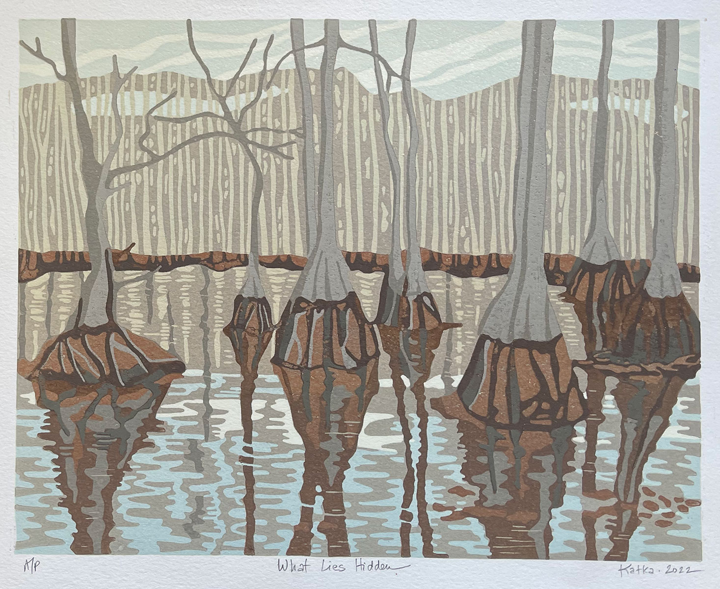 What Lies Hidden — relief print by Kate Goetz