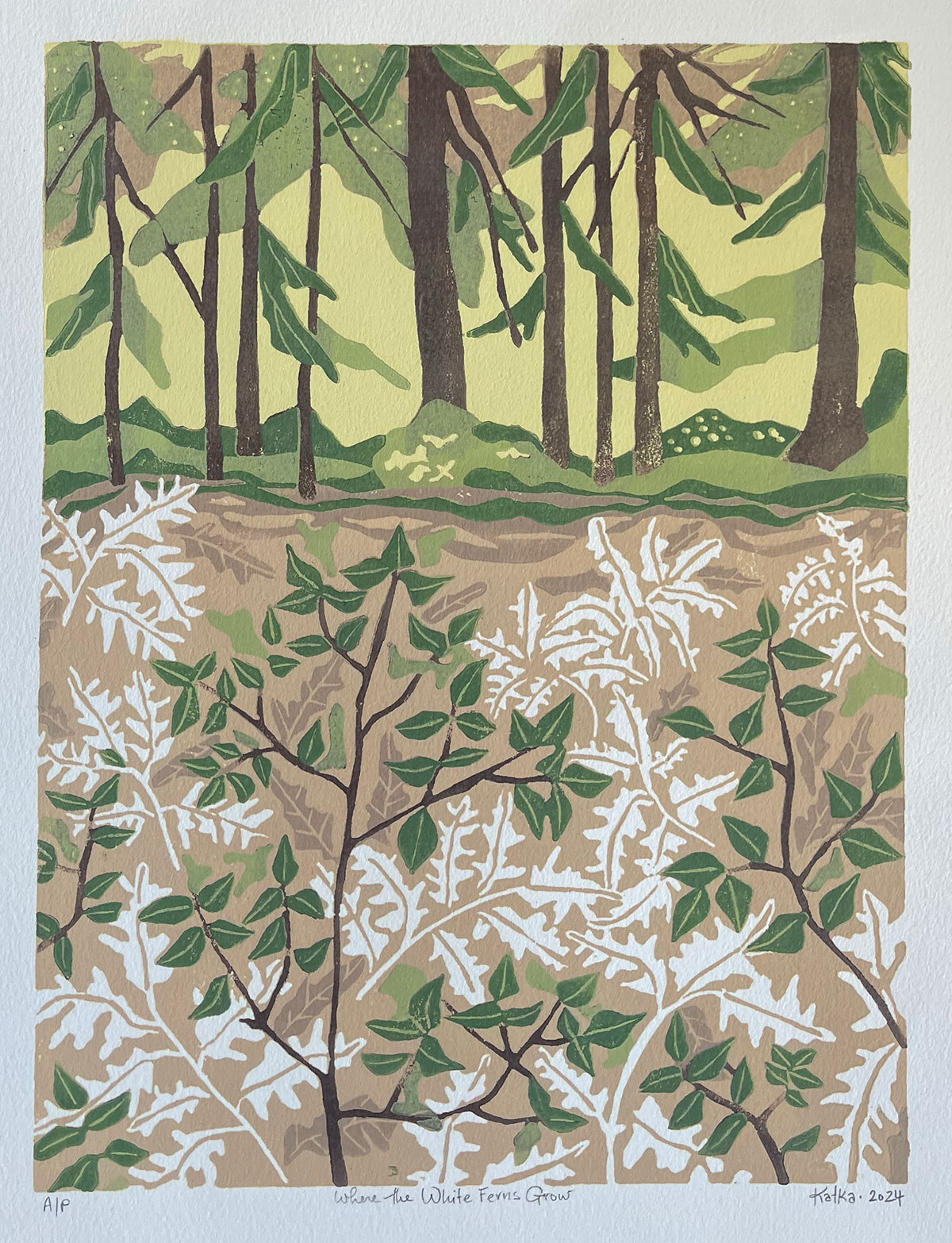 Where the White Ferns Grow — relief print by Kate Goetz