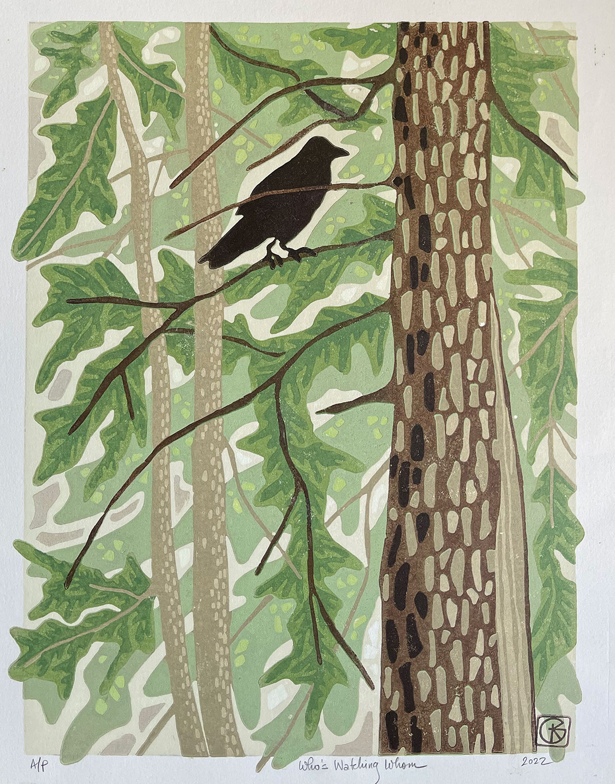 Who’s Watching Whom — relief print by Kate Goetz
