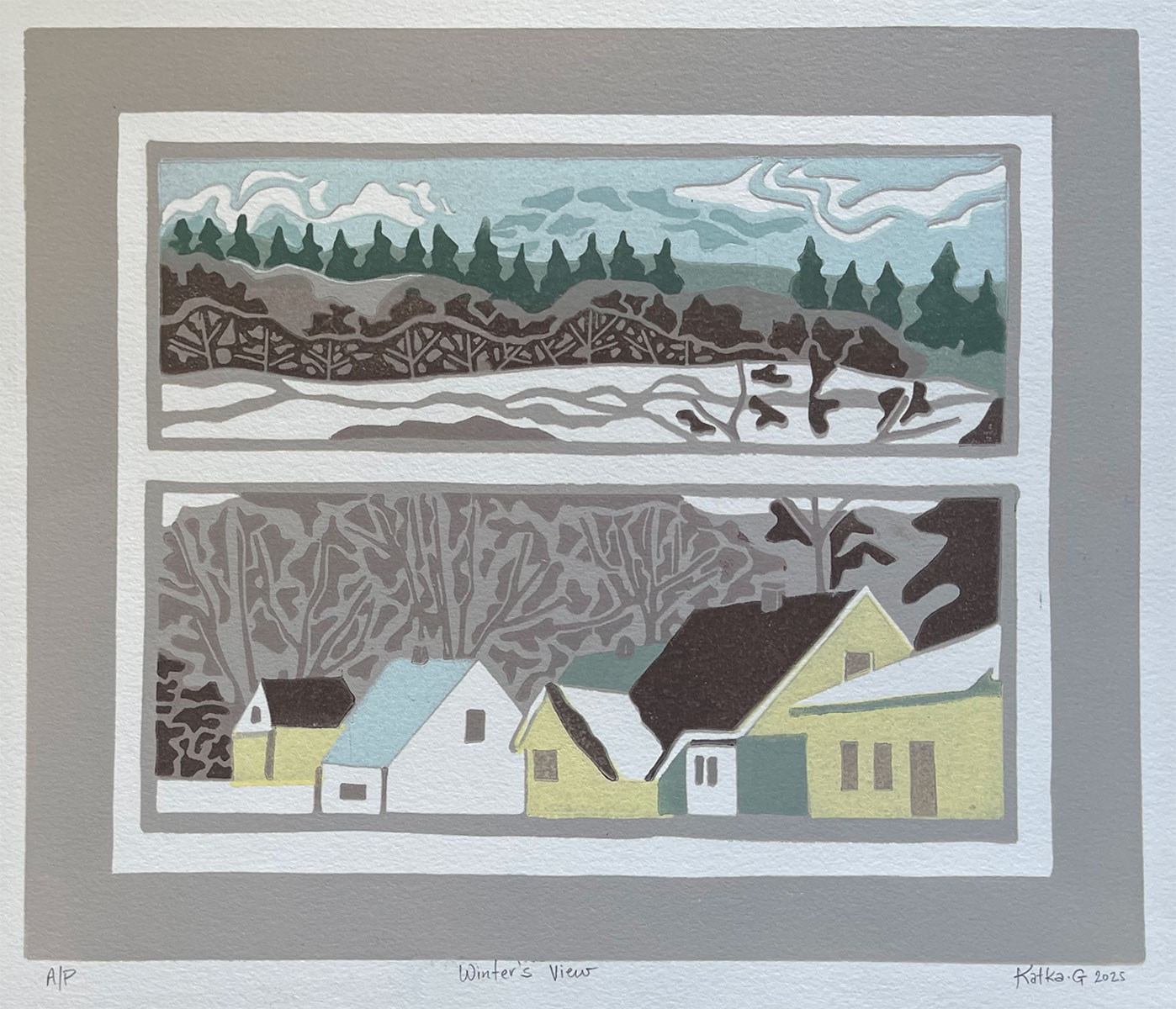 Winter’s View — relief print by Kate Goetz