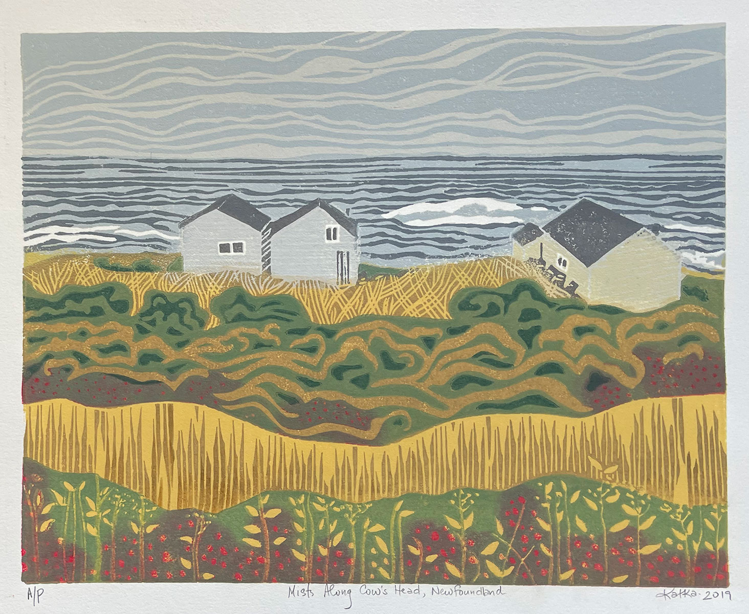 Mists Over Cow’s Head, NFLD — relief print by Kate Goetz
