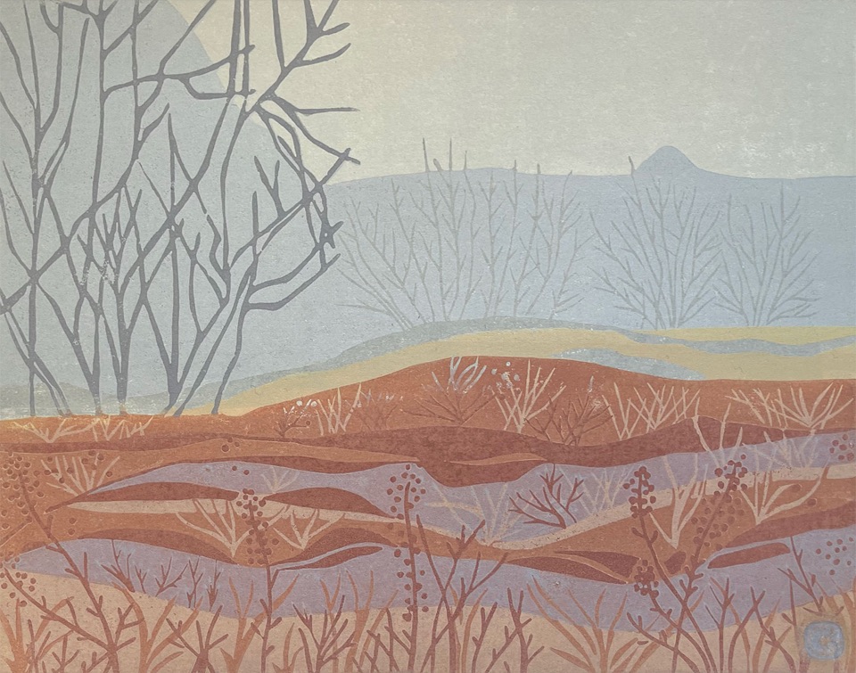 Autumn Mists, Warfield, BC — relief print by Kate Goetz