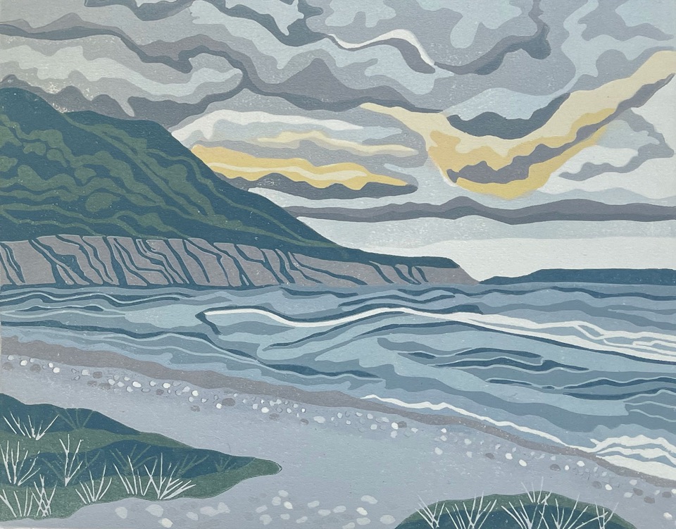 Storm Watch at Blow Me Down, Nfld — relief print by Kate Goetz