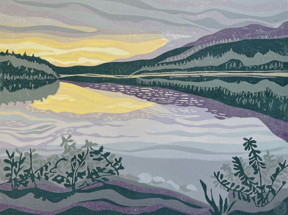 Dusk at Box Lake, Nakusp, BC — relief print by Kate Goetz