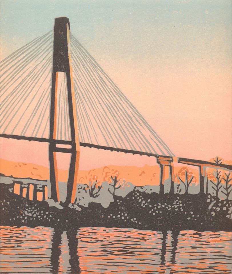Bridge Into Morning — relief print by Kate Goetz