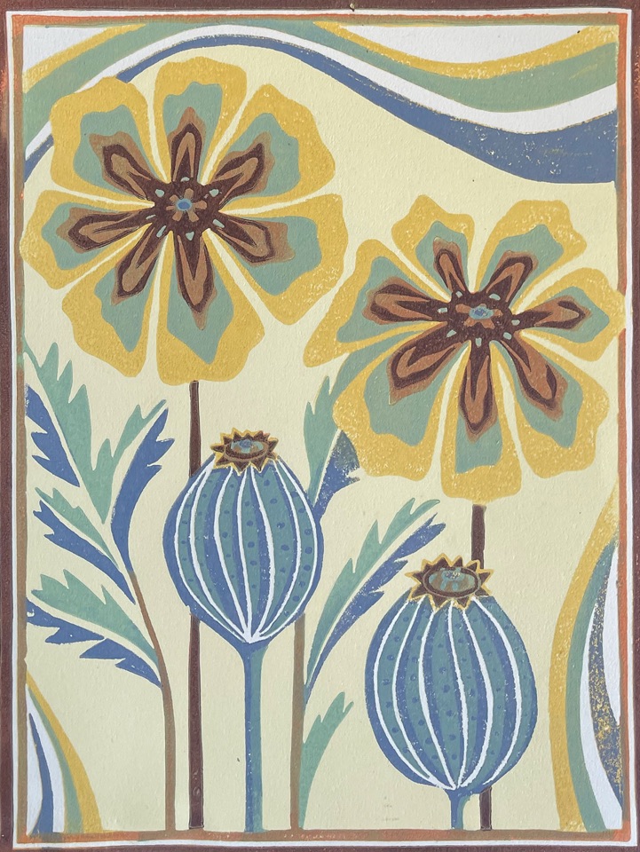 California Poppies — relief print by Kate Goetz