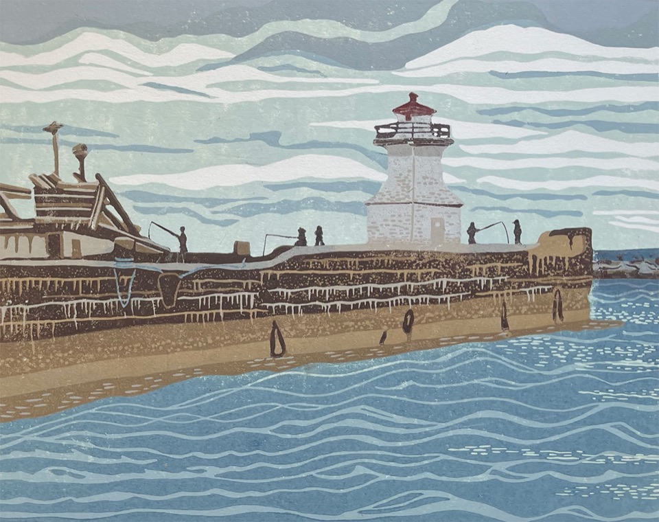 Casting Out, Cape Tormentine, NB — relief print by Kate Goetz