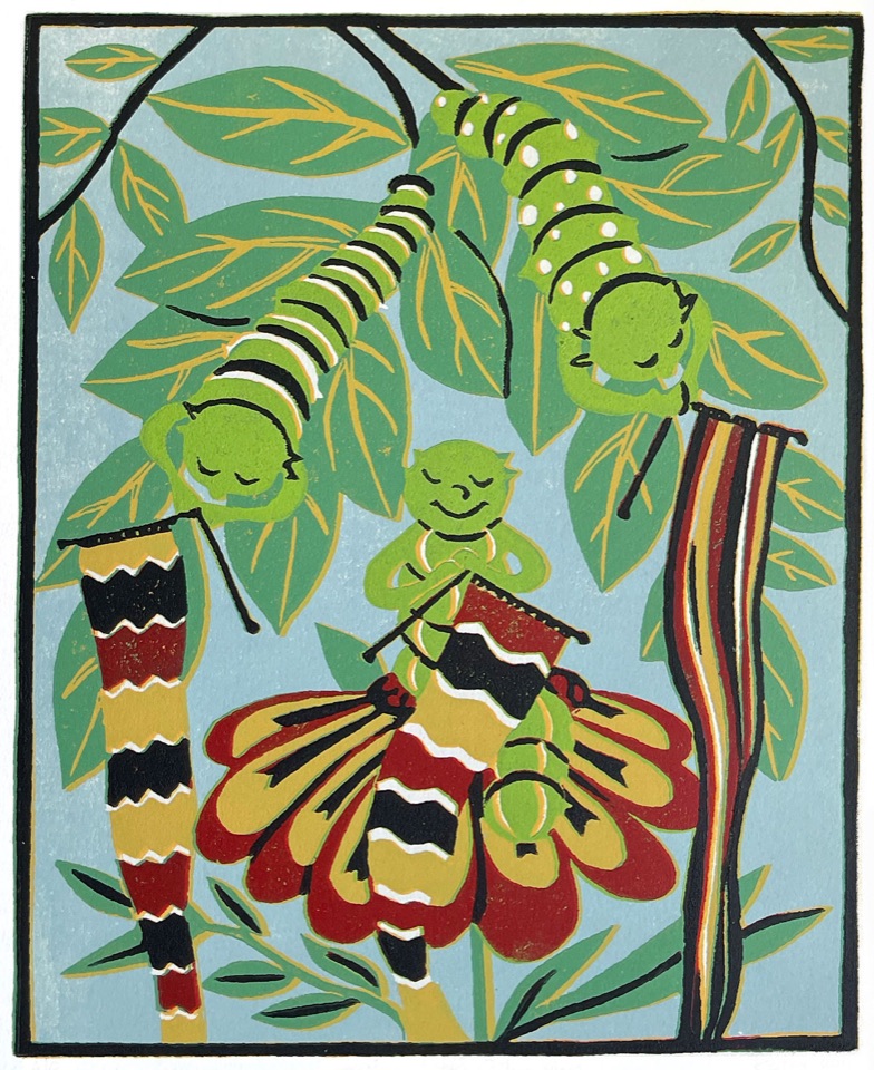 Three Little Caterpillars — relief print by Kate Goetz