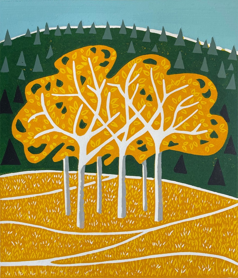 Coquihalla Autumn — relief print by Kate Goetz